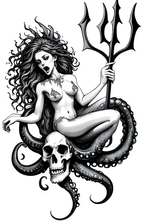 a siren mermaid sitting on an octopus skull holding a trident. she has a beautiful face but is screaming  tattoo design idea