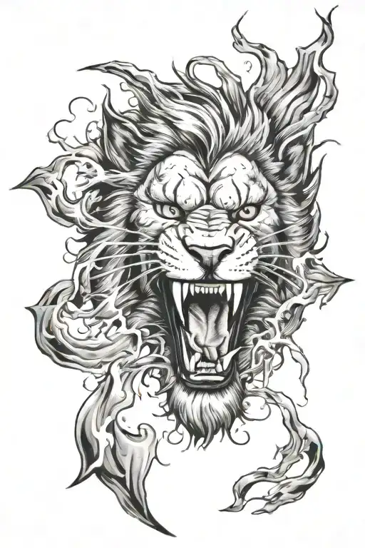 Lion roaring breaking through a guy fawkes mask surrounded by lightning. The theme should be dark.  tattoo design idea
