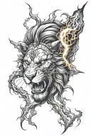 Lion roaring breaking through a guy fawkes mask surrounded by lightning. The theme should be dark.  tattoo design idea