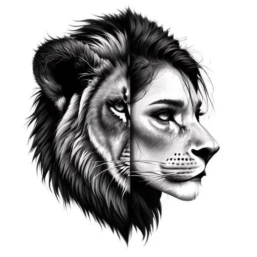 half face lion and half face of autochtone woman tattoo design idea