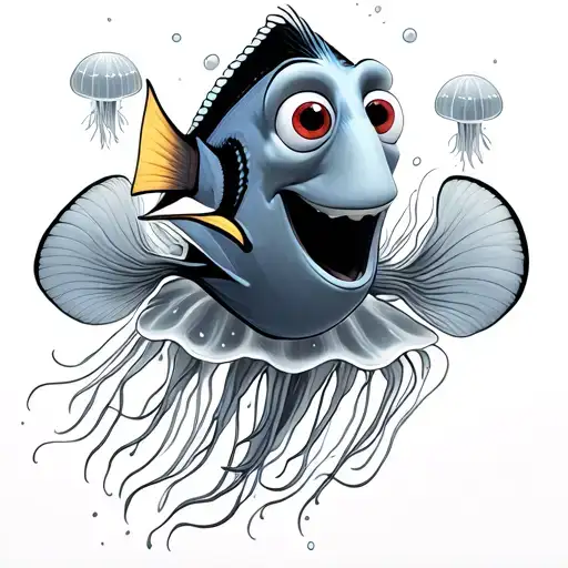 Nemo and dory jumping on jellyfish swimming tattoo design idea