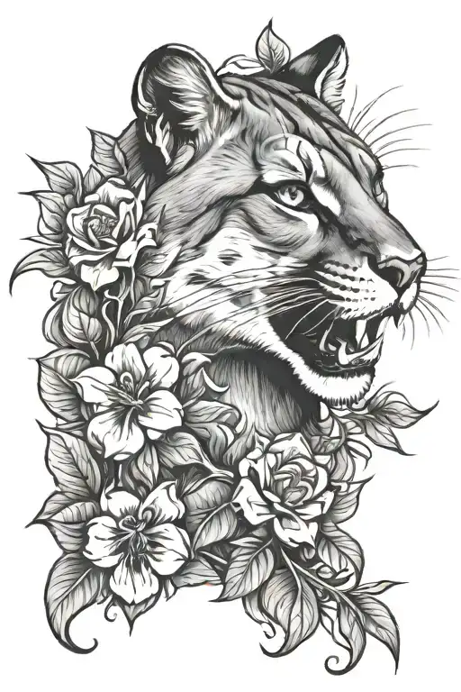 cougar and flowers tattoo design idea