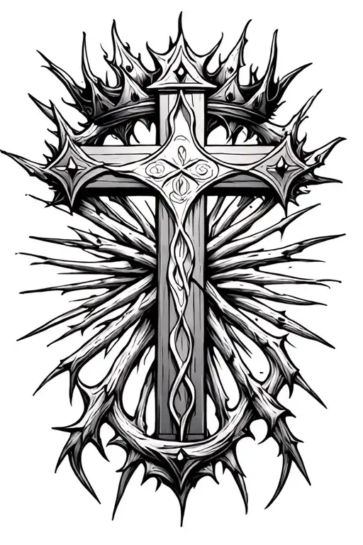christian cross with a thorn of crowns over the top beam tattoo design idea