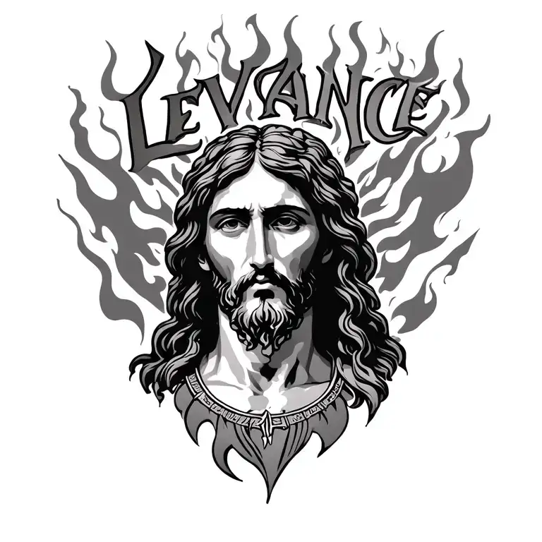 "LeVance " flames surrounding Jesus stripped tattoo design idea
