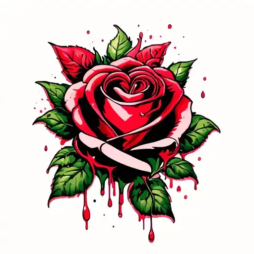 bleeding rose with heart in the middle tattoo design idea