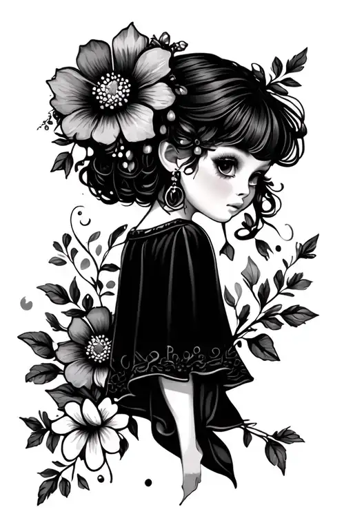 A graceful cute little tattoo with flowers for a girl on the leg and less black tattoo design idea