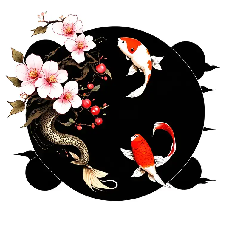 cherry blossoms, snake, yin yang koi fishes, waterfall tattoo design idea