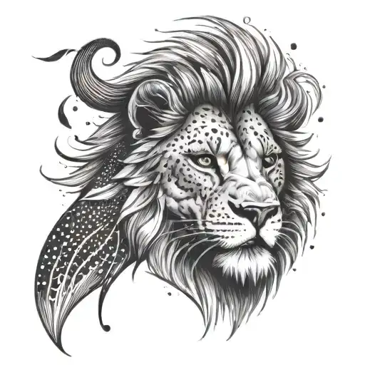 A tattoo design combining a roaring lion (representing physical power) with a brain (representing mentality) in a dynamic and powerful composition tattoo design idea