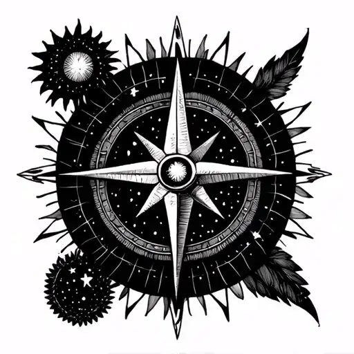 Compass Rose Moon Sun Stars thread weaving tattoo design idea