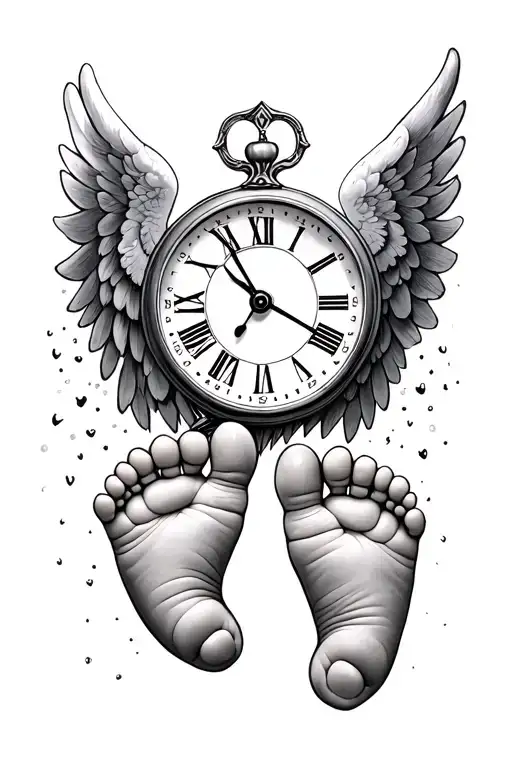 clock set to 11:23, clock set to 2:08, angel wings, baby feet tattoo design idea