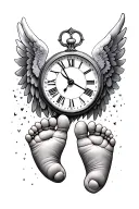 clock set to 11:23, clock set to 2:08, angel wings, baby feet tattoo design idea