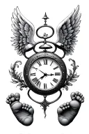 clock set to 11:23, clock set to 2:08, angel wings, baby feet tattoo design idea