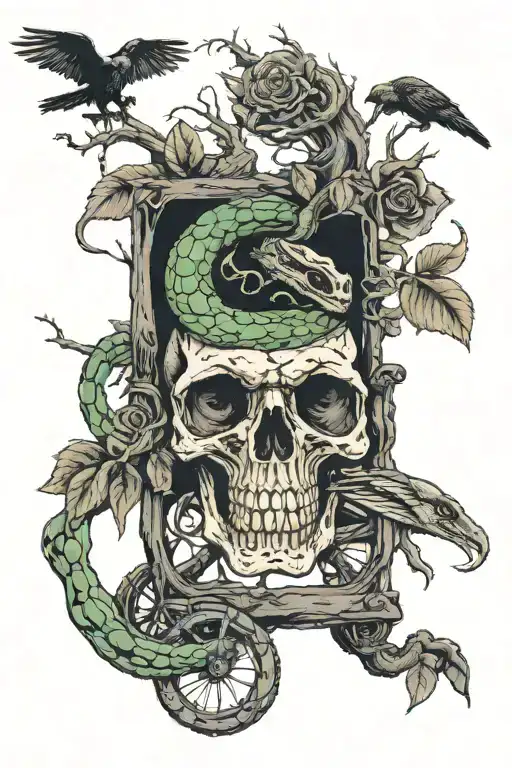 tree snake  black eagle waterfalls eyeball wheelchair sun, moon ,whale,dragonemersing,grimreaper skull roses  tattoo design idea