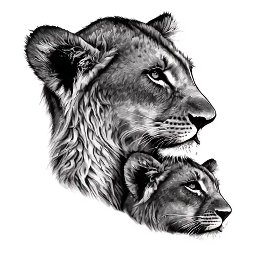 "Inès Inaya" lioness 2 lion cubs in profile watching herself tattoo design idea