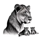 "Inès Inaya" lioness 2 lion cubs in profile watching herself tattoo design idea