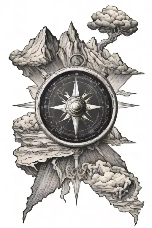 compass with mountains in background also Jupiter faded behind the top part with the world map tattoo design idea