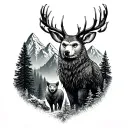 Pine forest with mountains rising Phoenix And a combination of deer, bear and owl tattoo design idea
