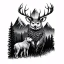 Pine forest with mountains rising Phoenix And a combination of deer, bear and owl tattoo design idea