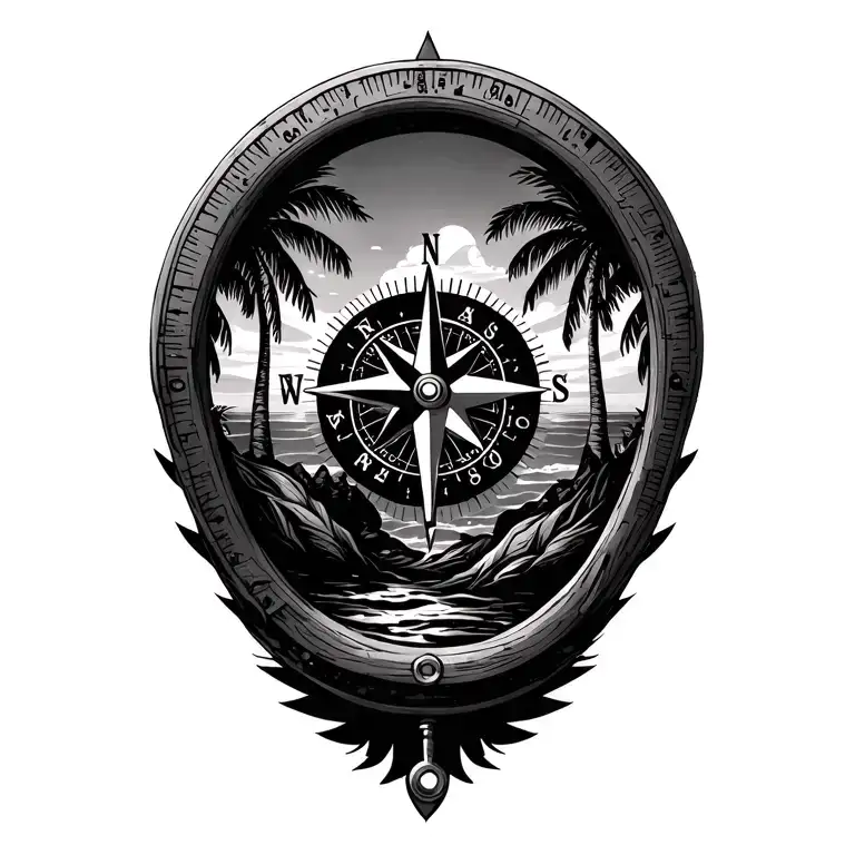 compass with palm trees in the background tattoo design idea