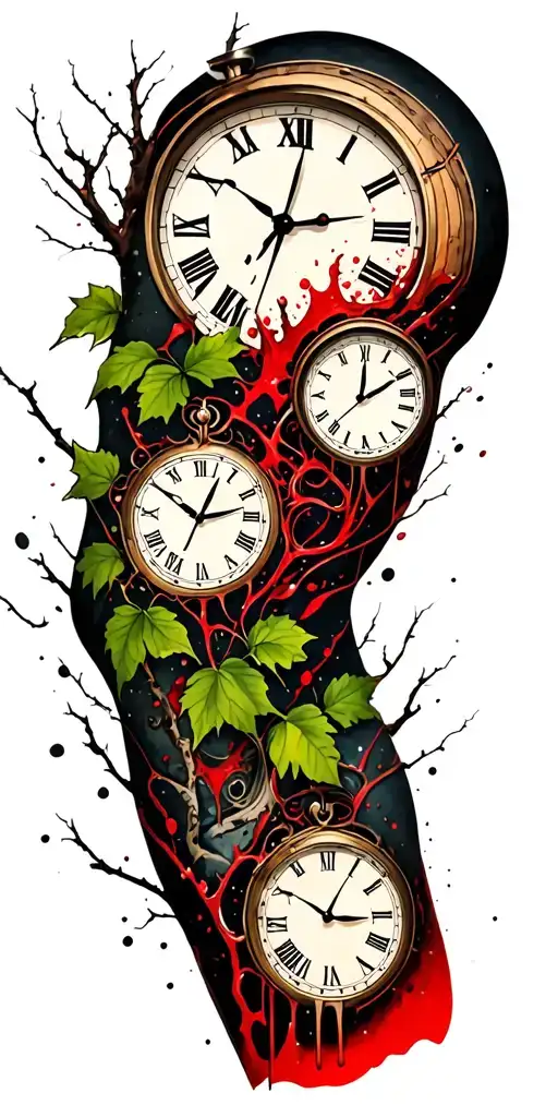 birch branches with hunter green leaves with only three clocks integrated into it for an arm sleeve tattoo design idea