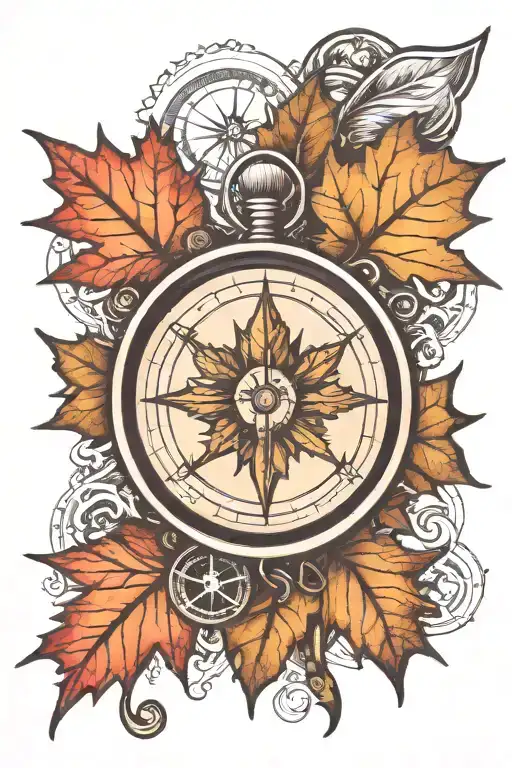 Maple leaf with compass surrounded tattoo design idea