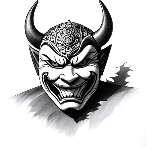 Black and white pencil sketch of a Hannya mask in realistic fine art style, with smooth shading and clean lines tattoo design idea