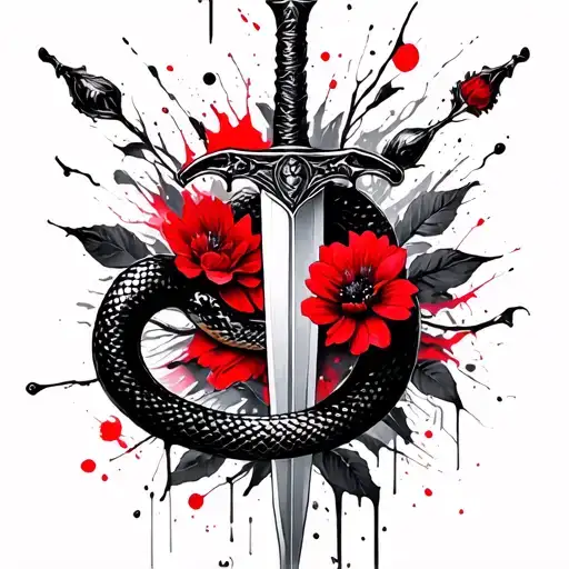sword, snake, flowers tattoo design idea