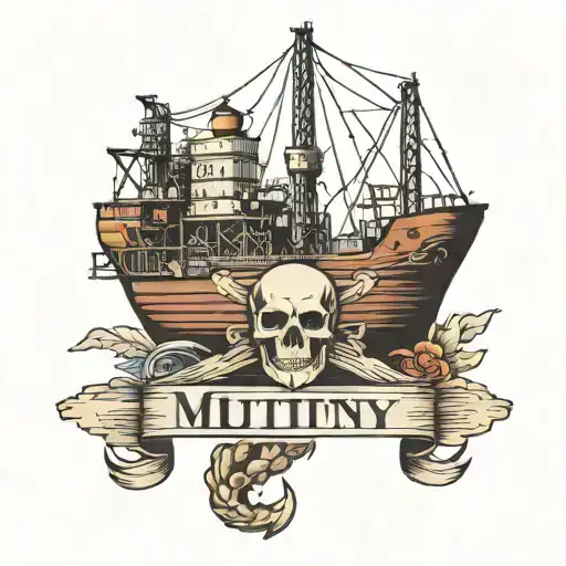 Container ship with a crane behind and a skull and anchor with the text Mutiny  tattoo design idea