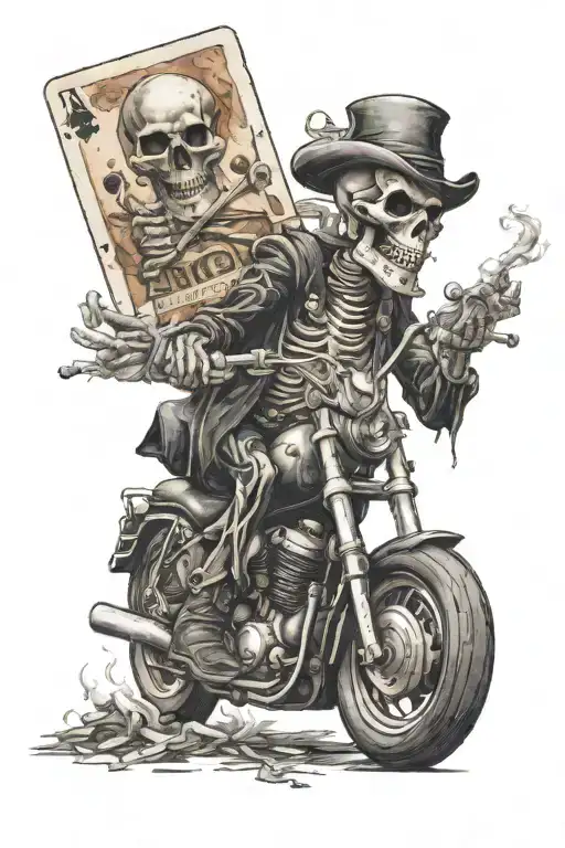 skeleton riding a motorcycle smoking a cigarette, ace of spades card, liquor tattoo design idea