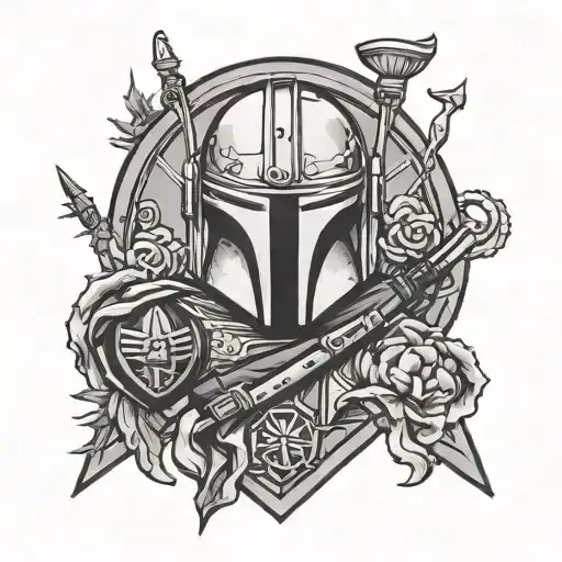 Mandalorian crest that is thin lined and korean themed with korean writing  tattoo design idea