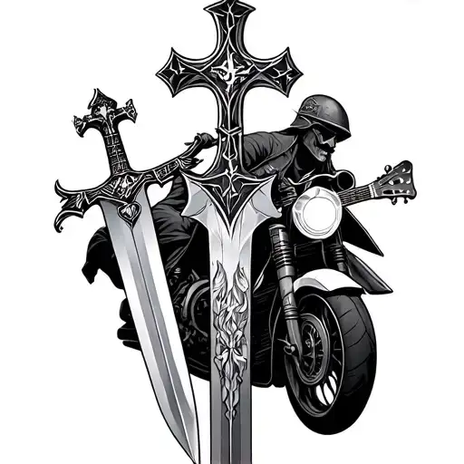 master sword along with a cross, guitar, music and motobike tattoo design idea