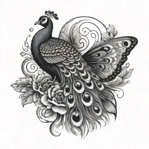 Peacock and butterfly with ladybug flying tattoo design idea