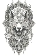 fenrir whit runes and snake, tree of life intertwined, viking axes tattoo design idea