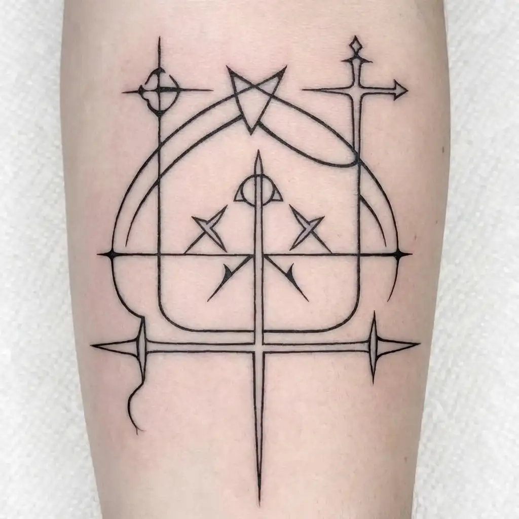 fine line tattoo with symbols for the crusade.  tattoo design idea