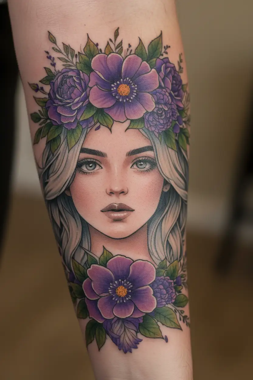 violet flower crown tattoo design idea