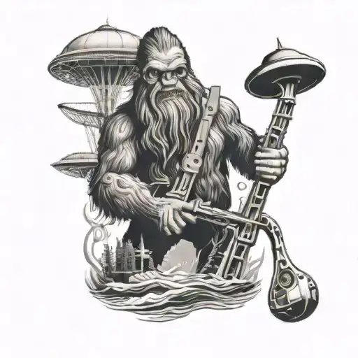 Create a forearm sleeve tattoo containing Sasquatch carrying a plunger, an octopus and the Seattle space needle with the tattoo design idea
