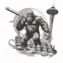 Create a forearm sleeve tattoo containing Sasquatch carrying a plunger, an octopus and the Seattle space needle with the tattoo design idea