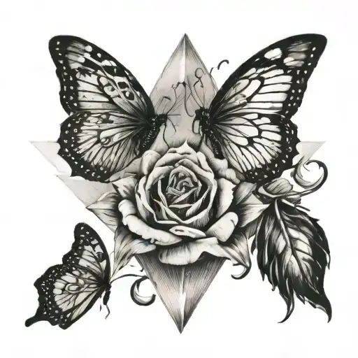 Kohinoor diamond, one rose and two butterflies  tattoo design idea