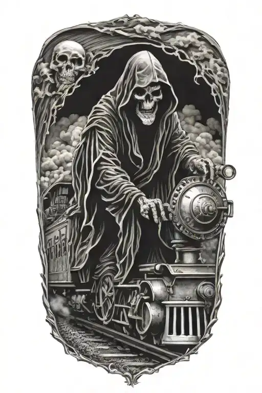 Grim Reaper riding an evil railroad train tattoo design idea