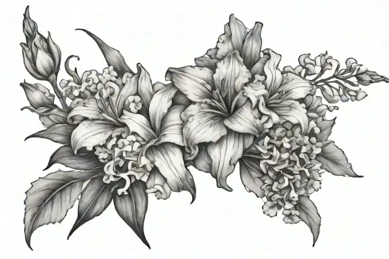  gladiolus, marigold, carnation, sweet pea, violet, Lilly of valley tattoo design idea