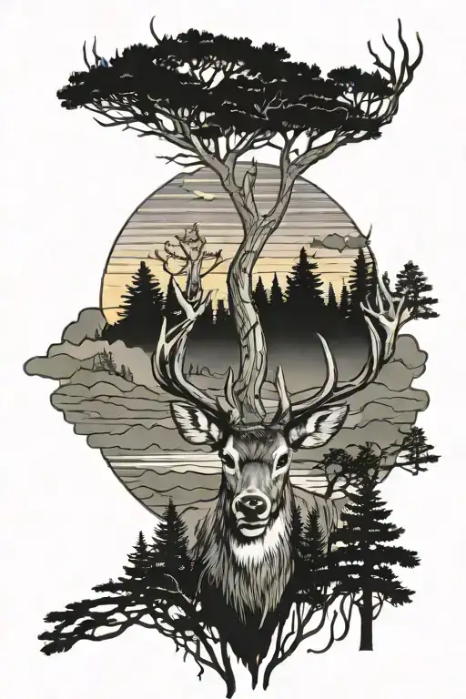 mule deer and trees colors sunset tattoo design idea
