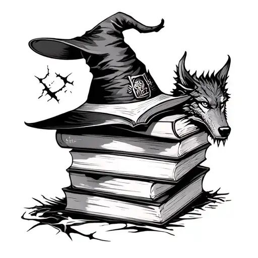 stack of books with the top book open, a witches hat, a dragon and some wolf scratches  tattoo design idea