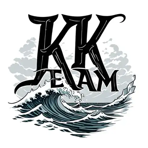 "KK Team" sea wave crashing and fisher tattoo design idea
