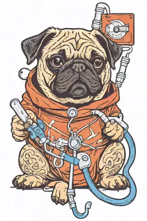 pug dog nurse, syringe, iv bag, bandage, stethoscope tattoo design idea