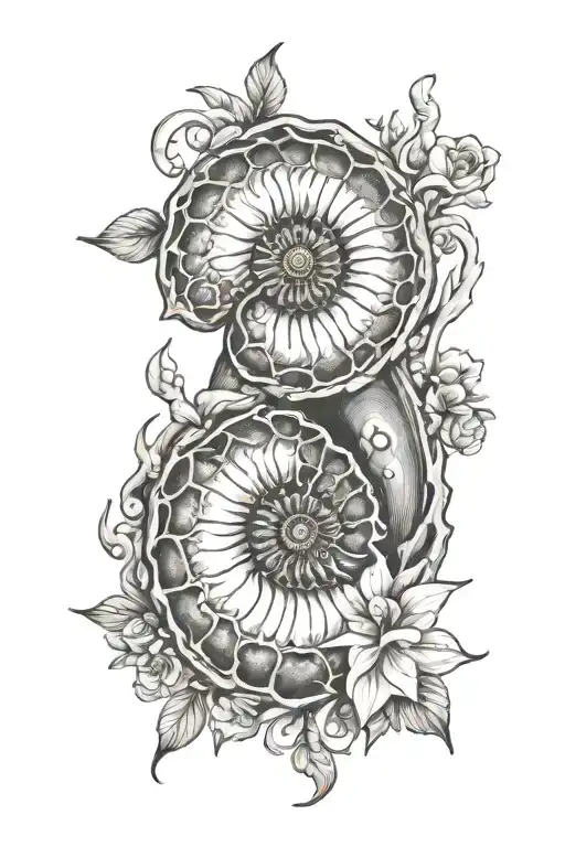 large ammonite fossil with flowers surrounding it tattoo design idea