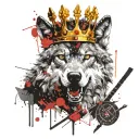 A wolf with a sword in its mouth and a crown on its head tattoo design idea