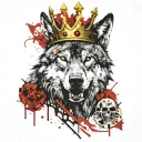 A wolf with a sword in its mouth and a crown on its head tattoo design idea