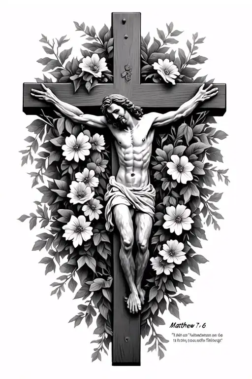 Jesus nailed to the cross with flowers and vines with Matthew 7:1-6 tattoo design idea