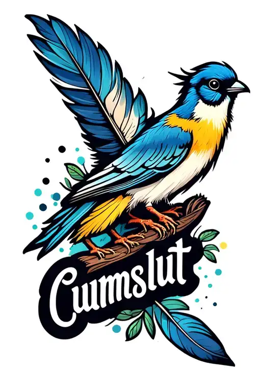 "Cumslut" Feather + birds tattoo design idea