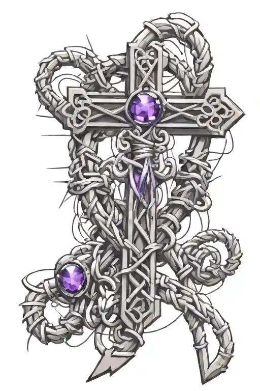 barbed wire ankh with purple jewels tied into it tattoo design idea